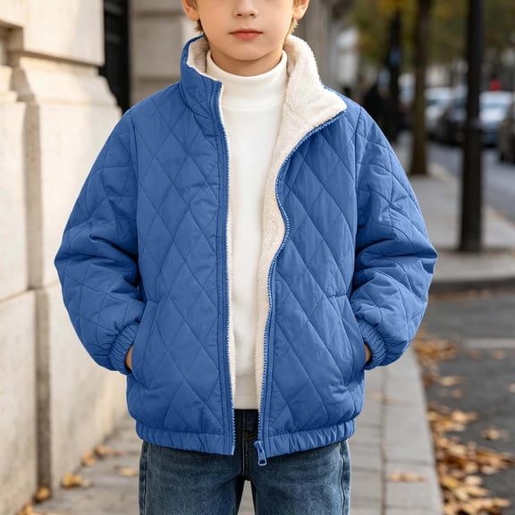 Spazoro Boys Quilted Jacket with Pockets, Sherpa Lined Zip Up Loose Fit Elastic Cuffs Stand Collar Warm Winter Outerwear for Boys Blue Size 6-7