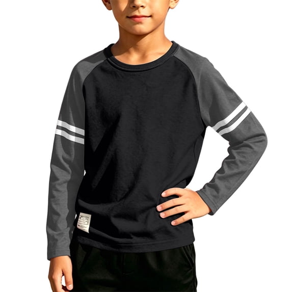 Spazoro Boys Raglan Long Sleeve Shirts, Casual Sport Stripe Detail Crewneck Relaxed Fit Classic Pullover Fall Daily Wear Tees Black Size 11-12