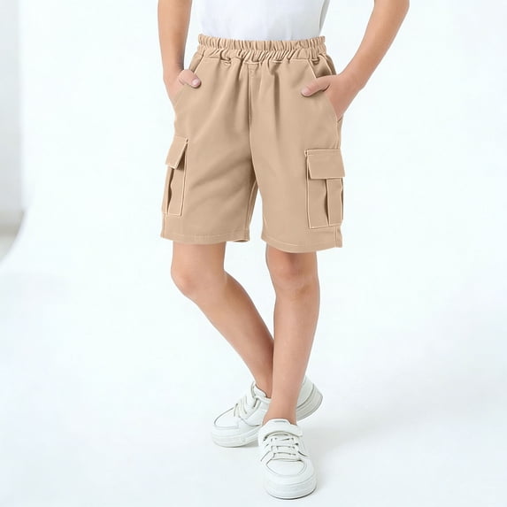 Spazoro Boys School Uniform Shorts with Multi-Pockets, Elastic Waist Pull On 100%Cotton Solid Color Chino Shorts for Kids Khaki Size 4-5