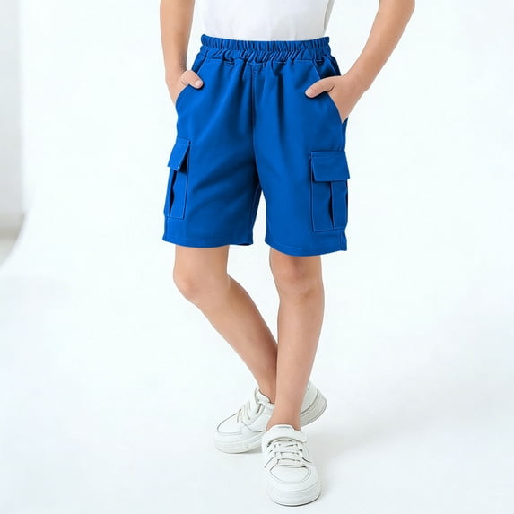 Spazoro Boys School Uniform Shorts with Multi-Pockets, Pull On Elastic Waist Solid Color 100%Cotton Chino Shorts for Kids Blue Size 4-5