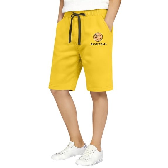 Spazoro Boys School Uniform Shorts with Pockets, Basketball Print Elastic Waist Drawstring 100%Cotton Casual Short for Kids Yellow Size 7-8