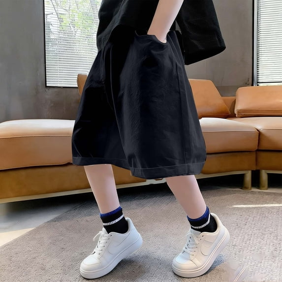 Spazoro Boys School Uniform Shorts with Pockets, Solid Color Pull On Loose Elastic Waist Casual Cargo Short for Kids Black Size 11-12