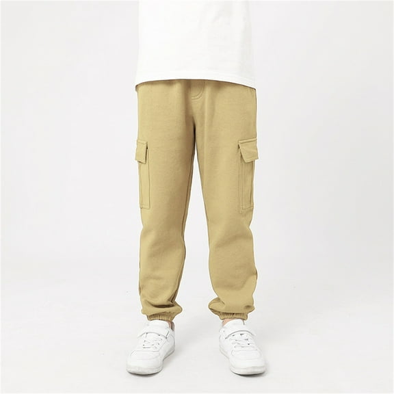 Spazoro Boys Sweatpants, Elastic Waist 100% Cotton Solid Baggy Casual Jogger for Sports Khaki Size 5 T