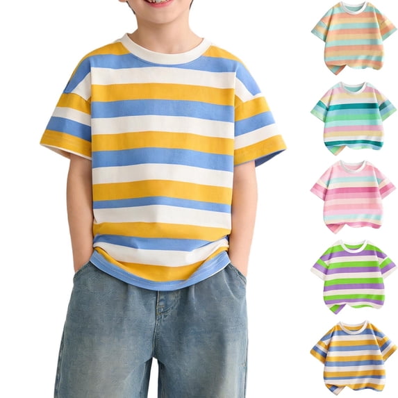 Spazoro Boys T-Shirts Tee, Summer Crew Neck Striped Short Sleeve Casual Tops for Kids Blue Size 4