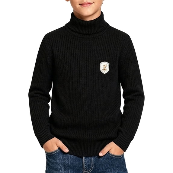 Spazoro Boys Turtleneck Knit Sweater, Long Sleeve High Neck Regular Fit Solid Color Fuzzy Plush Basic Pullover Knitwear for Kids Black Size 9-10