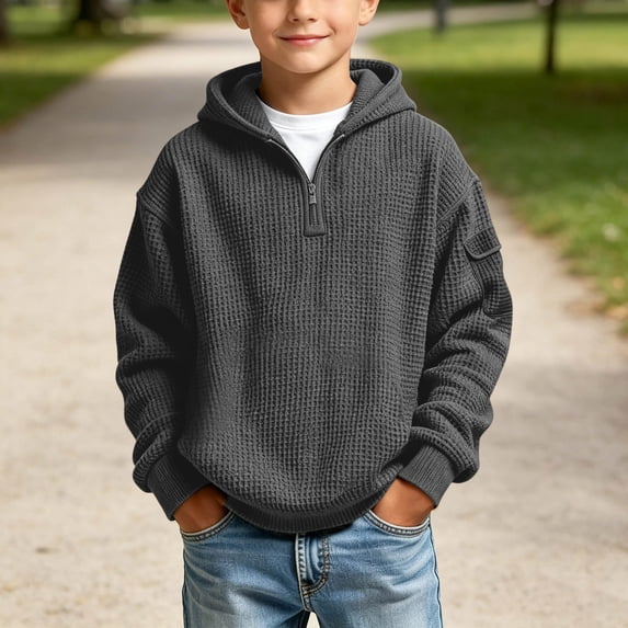 Spazoro Boys Waffle Knit Sweatshirts with Side Pocket, Fall Winter Hooded Long Sleeve Half Zip Casual Pullover Tops for Kids Dark Gray Size 9-10