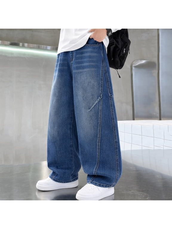 Boys Wide Leg Denim Pants with Pockets, Seam Detail Stretchy Durable Loose Fit Solid Color Baggy Trousers for Street Style Blue Size 7-8