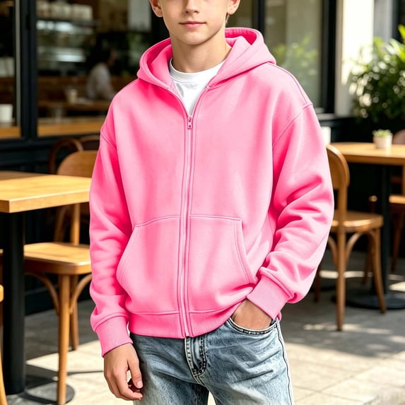 Spazoro Boys Zip Up Hoodie with Pockets, Drawstring Solid Color 100% Cotton Long Sleeve Loose Fit Full Zip Casual Hooded Sweatshirt Hot Pink Size 14-15