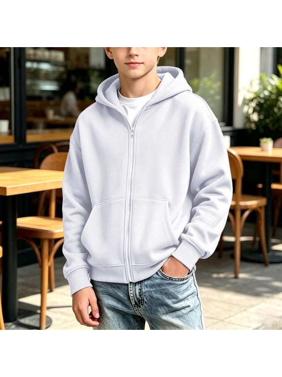 Boys Zip Up Hoodie with Pockets, Long Sleeve Drawstring 100% Cotton Loose Fit Solid Color Full Zip Casual Hooded Sweatshirt White Size 14-15
