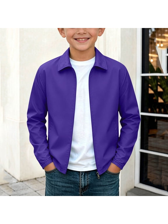 Boys Zip Up Jacket with Side Pockets, Long Sleeve Lightweight Turn Down Collar Solid Color Casual Windbreaker Outerwear Purple Size 9-10