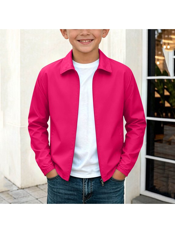 Boys Zip Up Jacket with Side Pockets, Turn Down Collar Lightweight Long Sleeve Solid Color Casual Windbreaker Outerwear Hot Pink Size 7-8