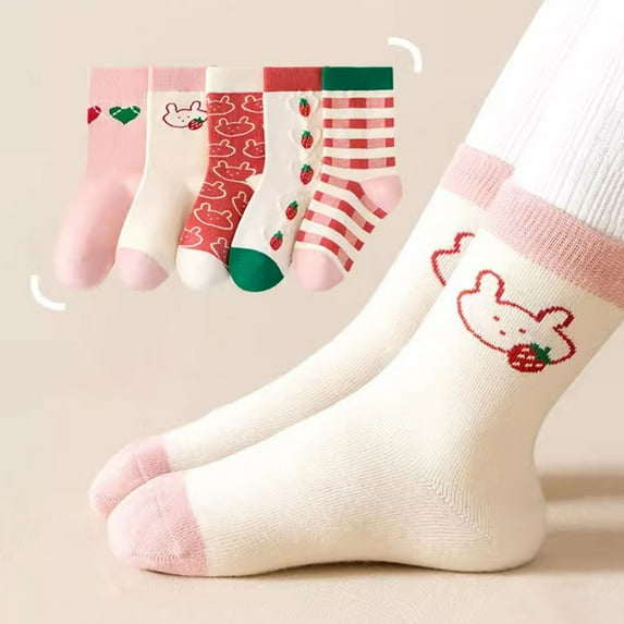 Spazoro Child Girls Socks, Mid-tube 5 Pairs Breathable 100%Cotton Cute Print Seamless Toe for No Rub Comfortable Fit Socks for kids Girls Red Size 9 T