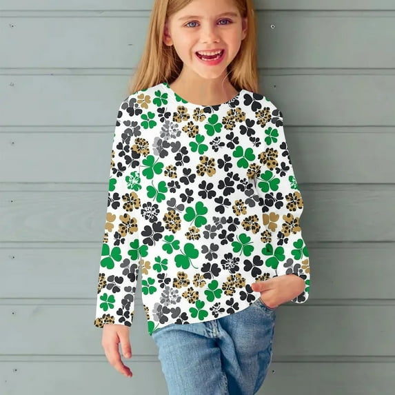 Spazoro Child Girls St. Patrick's Shirts Tee, Long Sleeve Heart Print Crew Neck Casual Pullover Tops for Kids Girls Green Size 7 T