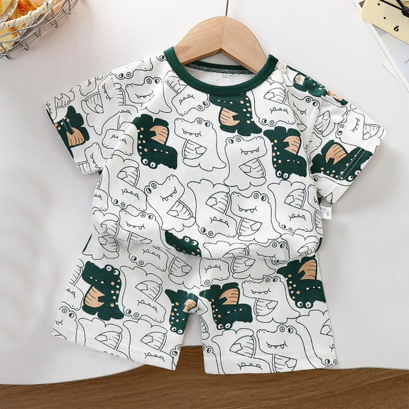 Spazoro Child's Boys Girls Outfit Sets, Breathable and Thin Graphic Print Spring Summmer Shirts and Shorts Casual Homewear Pajamas Sets for Toddler Boys Green Size 9 Months