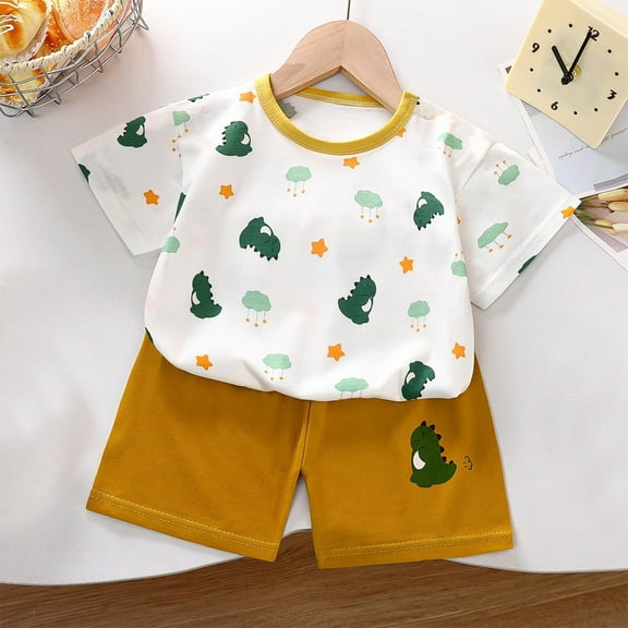 Spazoro Child's Boys Girls Outfit Sets, Spring Summmer Graphic Print Breathable and Thin Shirts and Shorts Casual Homewear Pajamas Sets for Toddler Boys Yellow Size 9 Months