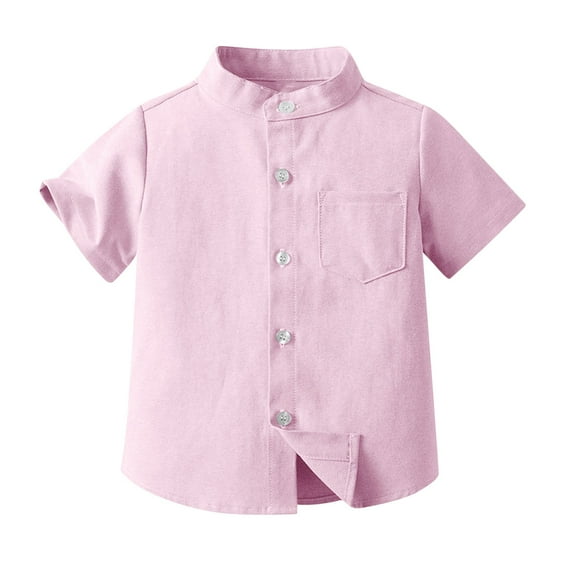 Spazoro Children's Boys Girls Button Shirts, Solid Color Basic Stand-up Collar Short Sleeve Casual Summer Tops for Unisex Pink Size 13 Months