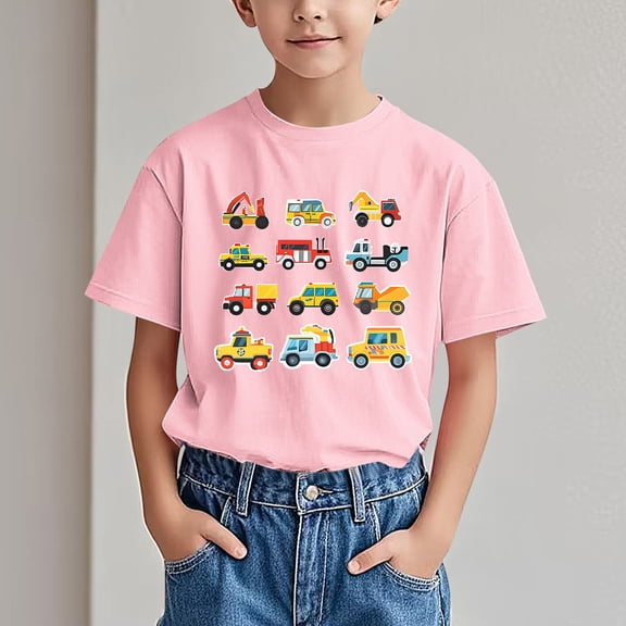 Spazoro Children's Boys Girls Shirts Tee, Car Print Crew Neck Graphic T-Shirts Short Sleeve Casual Summer Tops for Unisex Pink Size 5 T