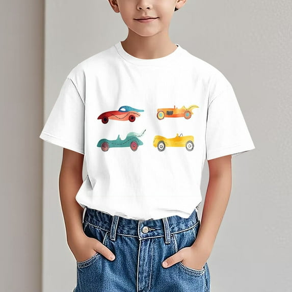 Spazoro Children's Boys Girls Shirts Tee, Car Print Crew Neck Graphic T-Shirts Short Sleeve Casual Summer Tops for Unisex White Size 11 T