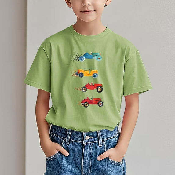 Spazoro Children's Boys Girls Shirts Tee, Crew Neck Car Print Graphic T-Shirts Short Sleeve Casual Summer Tops for Unisex Green Size 3 T