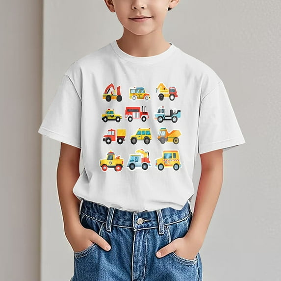 Spazoro Children's Boys Girls Shirts Tee, Crew Neck Graphic T-Shirts Short Sleeve Car Print Casual Summer Tops for Unisex White Size 4 T