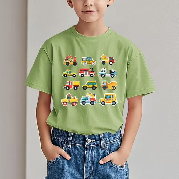 Spazoro Children's Boys Girls Shirts Tee, Crew Neck Short Sleeve Car Print Graphic T-Shirts Casual Summer Tops for Unisex Green Size 7 T