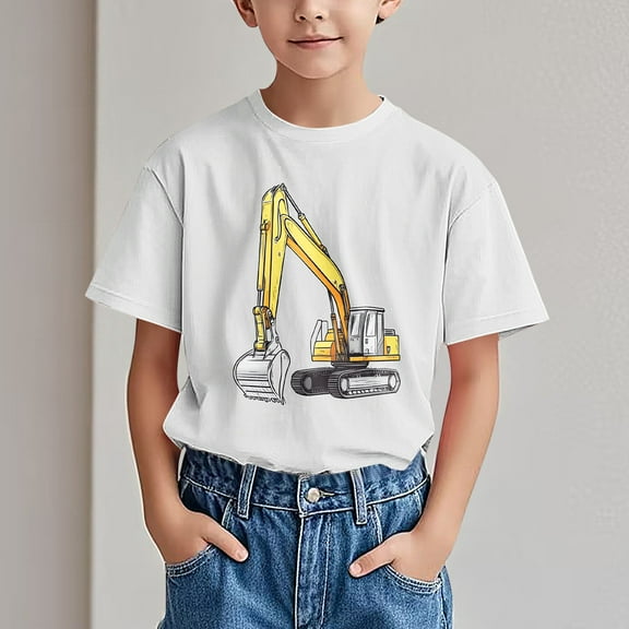 Spazoro Children's Boys Girls Shirts Tee, Excavator Print Crew Neck Graphic T-Shirts Short Sleeve Casual Summer Tops for Unisex White Size 5 T