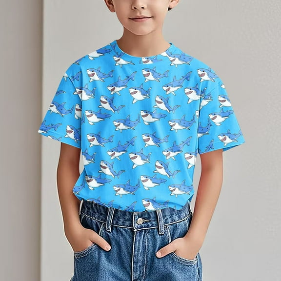 Spazoro Children's Boys Girls Shirts Tee, Graphic T-Shirts Short Sleeve Crew Neck Shark Print Casual Summer Tops for Unisex Sky Blue Size 3 T