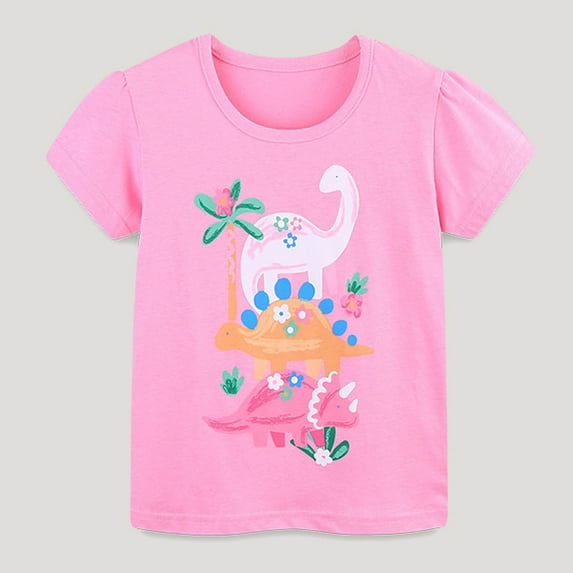 Spazoro Children's Boys Girls Shirts Tee, Short Sleeve Crew Neck Graphic T-Shirts Dinosaur Print Casual Summer Tops for Unisex Pink Size 5 T