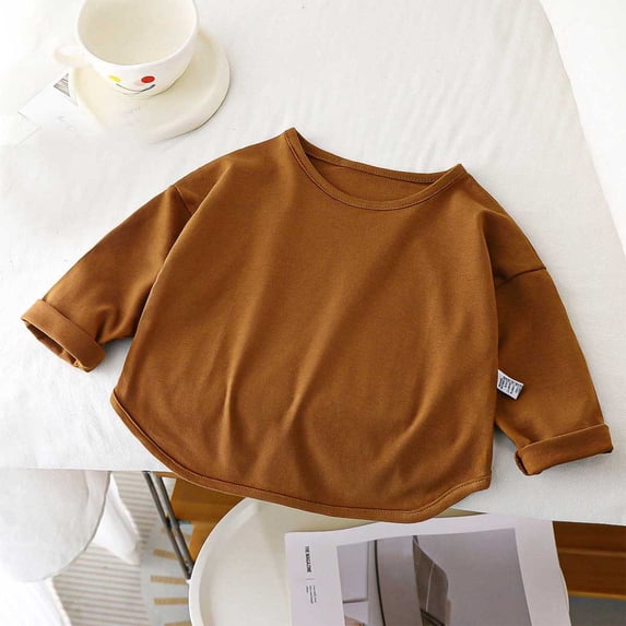 Spazoro Childs Girls Sweatshirts, Crew Neck Long Sleeve Fall Winter Solid Color Toddlers Kids Tops for Girls Boys Brown Size 2-3T
