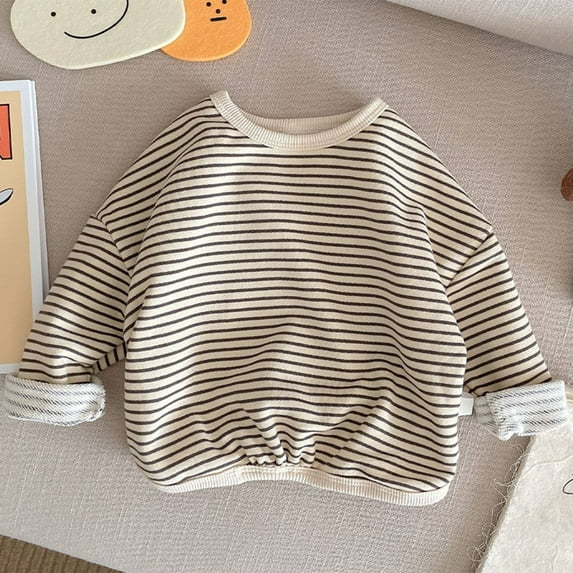 Spazoro Childs Girls Sweatshirts, Long Sleeve Fall Winter Crew Neck Striped Toddlers Kids Tops for Girls Boys Beige Size 5-6T
