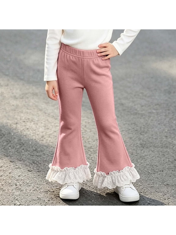 Girls 100% Cotton Flare Pants, Elastic Waist Loose Fit Stretchy Lace Ruffle Trim Solid Color Retro Bell Bottom Trousers for Daily Outfits Pink Size 10-11