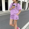 thumbnail image 1 of Spazoro Girls 2 PC Outfit Set, Bowknot Print Crew Neck Summer Casual Short Sleeve T-Shirts and Shorts Set Purple Size 4, 1 of 6