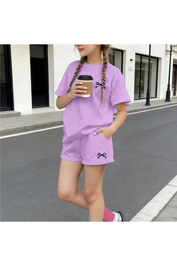 Girls 2 PC Outfit Set, Bowknot Print Summer Casual Crew Neck Short Sleeve T-Shirts and Shorts Set Purple Size 2
