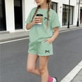 thumbnail image 1 of Spazoro Girls 2 PC Outfit Set, Casual Bowknot Print Summer Crew Neck Short Sleeve T-Shirts and Shorts Set Green Size 12, 1 of 6
