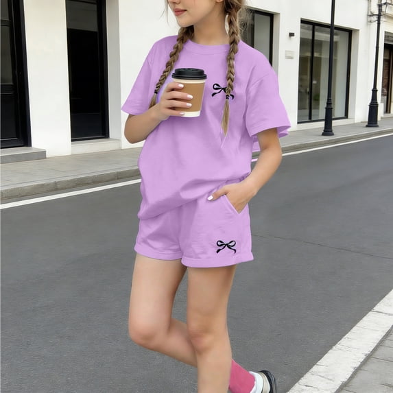 Spazoro Girls 2 PC Outfit Set, Summer Casual Crew Neck Bowknot Print Short Sleeve T-Shirts and Shorts Set Purple Size 8