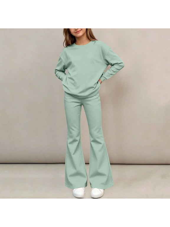 Girls 2 Piece Outfit Set, Crewneck Elastic Waist Flare Leg Long Sleeve Solid Color Casual Loungewear Matching Clothes Green Size 9-10