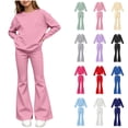 thumbnail image 1 of Spazoro Girls 2 Piece Outfit Set, Crewneck Elastic Waist Solid Color Flare Leg Long Sleeve Casual Loungewear Matching Clothes Pink Size 9-10, 1 of 6