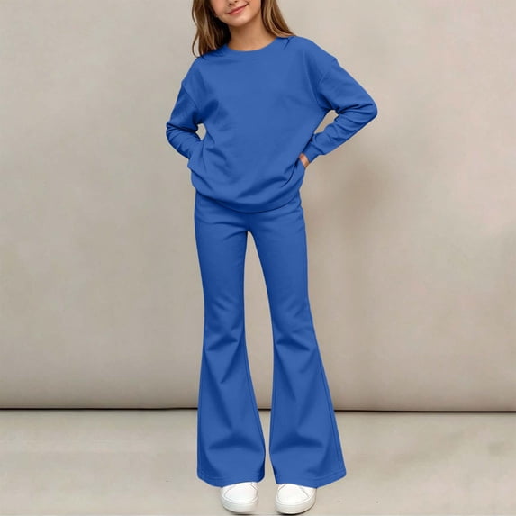 Spazoro Girls 2 Piece Outfit Set, Flare Leg Elastic Waist Solid Color Long Sleeve Crewneck Casual Loungewear Matching Clothes Blue Size 14-15