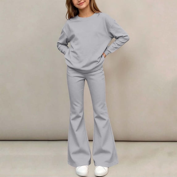 Spazoro Girls 2 Piece Outfit Set, Long Sleeve Elastic Waist Flare Leg Solid Color Crewneck Casual Loungewear Matching Clothes Gray Size 14-15