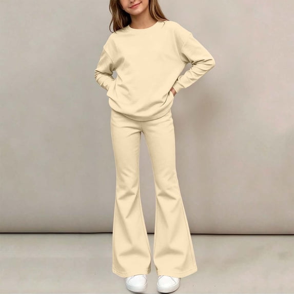 Spazoro Girls 2 Piece Outfit Set, Long Sleeve Solid Color Crewneck Elastic Waist Flare Leg Casual Loungewear Matching Clothes Beige Size 9-10