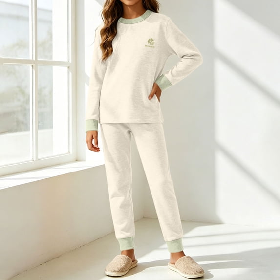 Spazoro Girls 2 Pieces Outfit Sets, Crew Neck Shirts and Pants Soft & Breathable Solid Color Long Sleeve Fall Casual Loungewear Sets for Home Beige Size 5-6