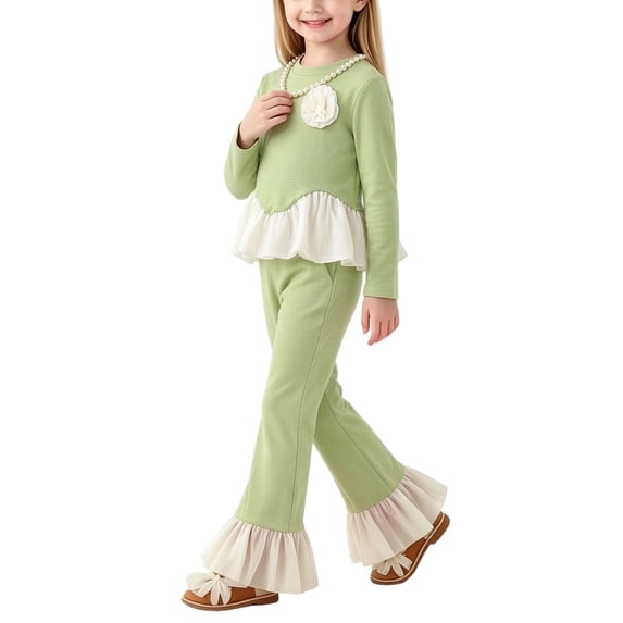 Spazoro Girls 2PC Outfit Sets, Fall Round Neck Long Sleeve Elastic Waist Matching Casual Clothing for Daily Wear Green Size 2-3T