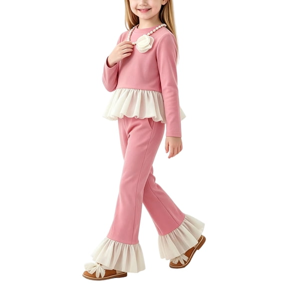 Spazoro Girls 2PC Outfit Sets, Long Sleeve Elastic Waist Round Neck Fall Matching Casual Clothing for Daily Wear Pink Size 9-10