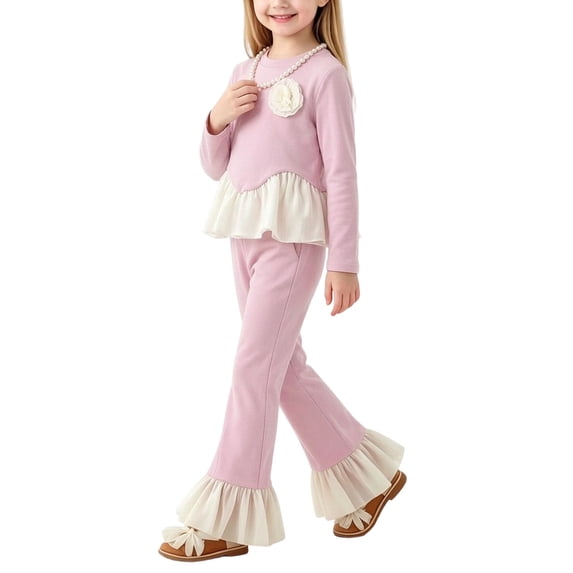 Spazoro Girls 2PC Outfit Sets, Round Neck Fall Elastic Waist Long Sleeve Matching Casual Clothing for Daily Wear Purple Size 7-8