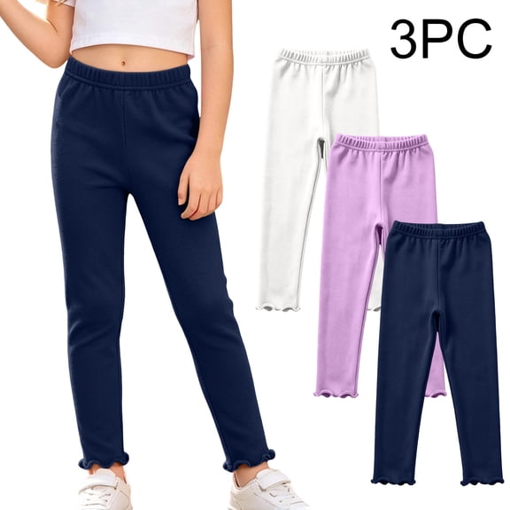 Spazoro Girls 3-Pack Leggings Pants, Breathable Solid Color Skinny Fit Elastic Waist Stretchy Casual Dance Trousers for Kids Navy Size 2-3T