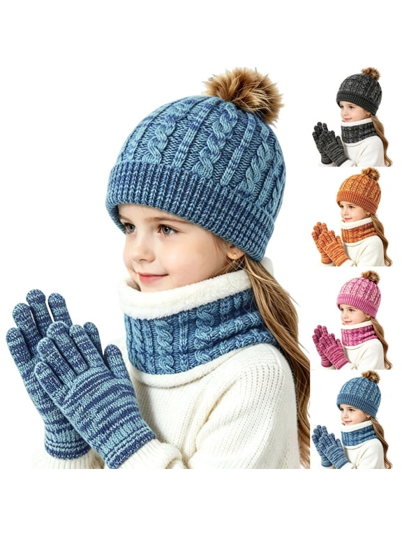 Girls 3Pcs Winter Beanie Hat Neck Warmer Gloves Set, Stretchy Cable Knit Fleece Lined Warm Pom Pom Ski Cap Neck Gaiter Mitten Kit Blue Size 2-10