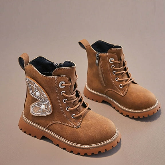 Spazoro Girls Ankle Boots, Lace Up Wing Detail Side Zipper Leather Short Boot Shoes for Girls Brown