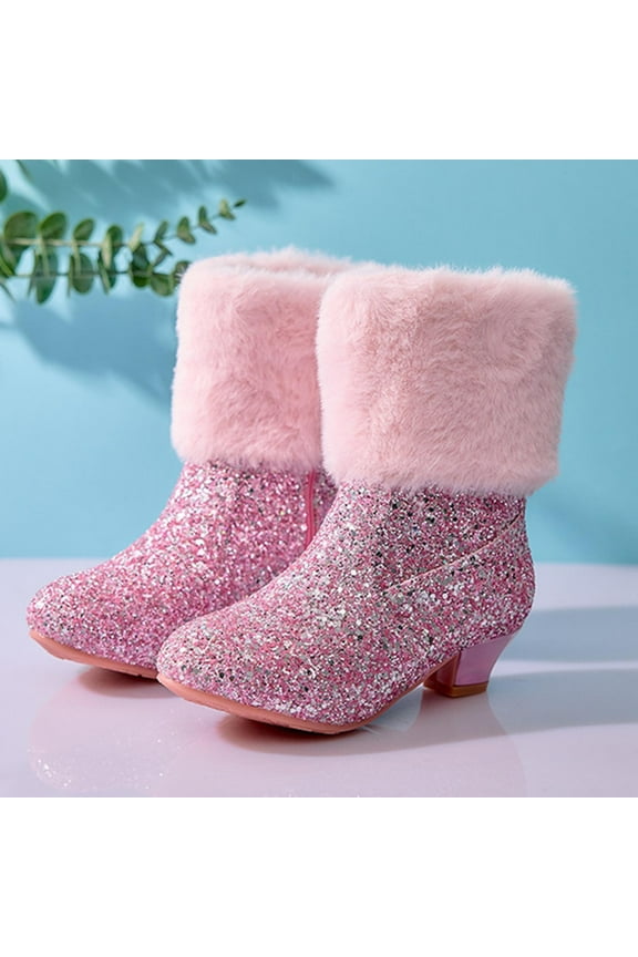 Girls Ankle Boots, Low Heel Faux Fur Cuff Glitter Finish Sparkly Short Boot Shoes for Girls Pink