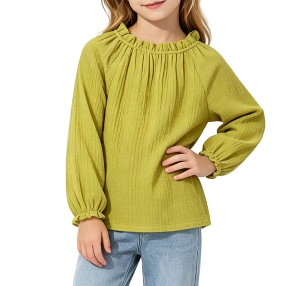 Spazoro Girls Blouse, Breathable Pullover Ruffled Neck Bubble Sleeve Loose Fit Cotton Linen Casual Peasant Top for Daily Wear Yellow Size 2-3T