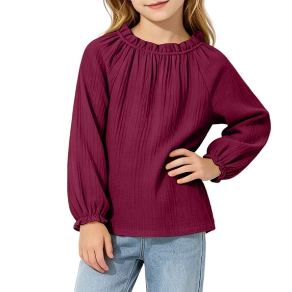 Spazoro Girls Blouse, Loose Fit Pullover Ruffled Neck Bubble Sleeve Breathable Cotton Linen Casual Peasant Top for Daily Wear Red Size 3-4T